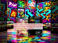 Özel sipariş kabul edilir Holografik Parlak Nokta UV Foliye Lazer Kart Kağıt Kutusu Altın Ştampalı Gümüş Sert El Yapımı Kutusu